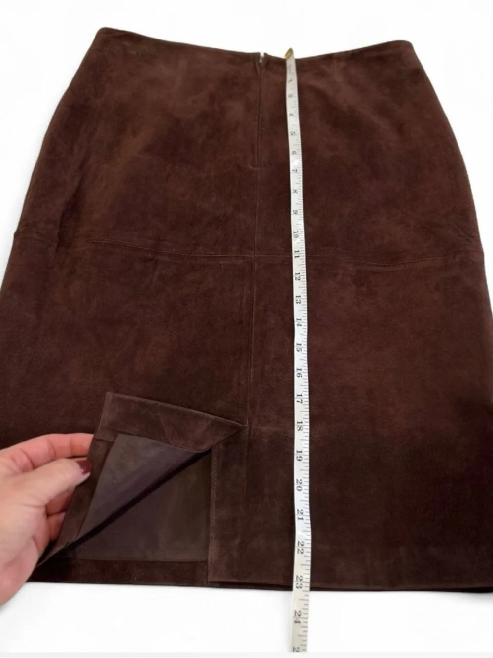 Chocolate Brown Patch Suede Midi Genuine Leather Skirt Size 8* Newport News - Picture 5 of 7